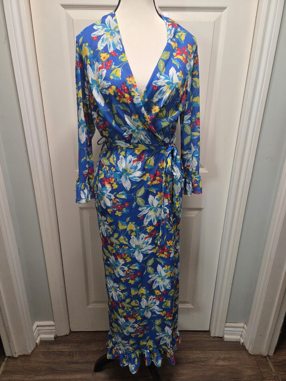 Vintage Ruffle Cuff & Hem Floral Wrap Maxi Dress